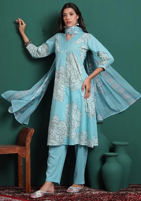 Sky Blue Printed Cotton Kurta Dupatta Set