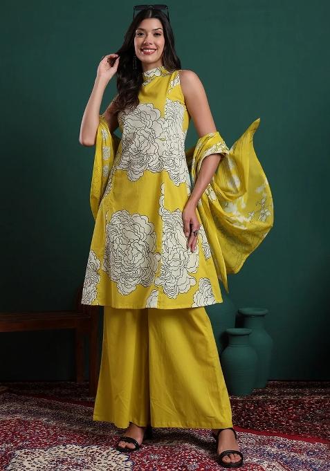 Mustard Motif Cotton Kurta Dupatta Set
