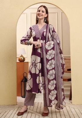 Purple Floral Print Cotton Kurta Dupatta Set