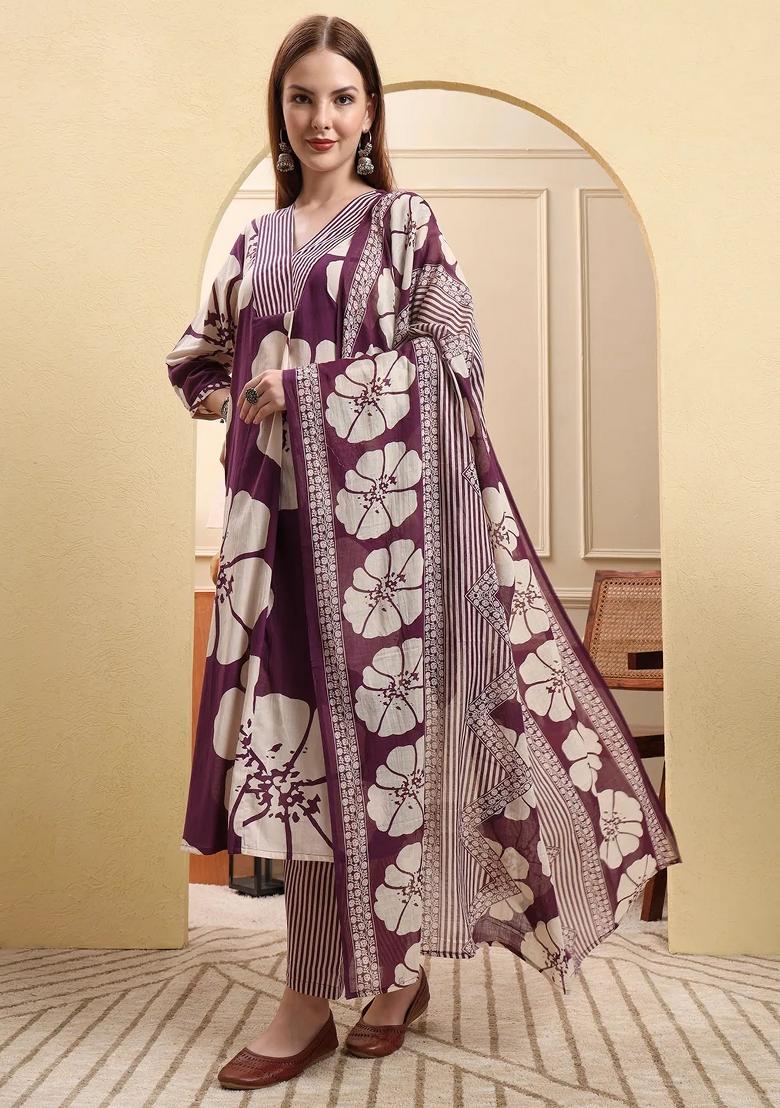 Purple Floral Print Cotton Kurta Dupatta Set - Indya