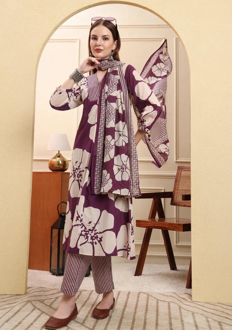 Purple Floral Print Cotton Kurta Dupatta Set - Indya