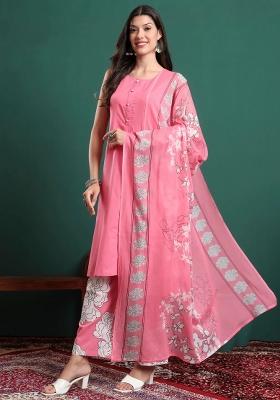 Pink Motif Cotton Kurta Dupatta Set
