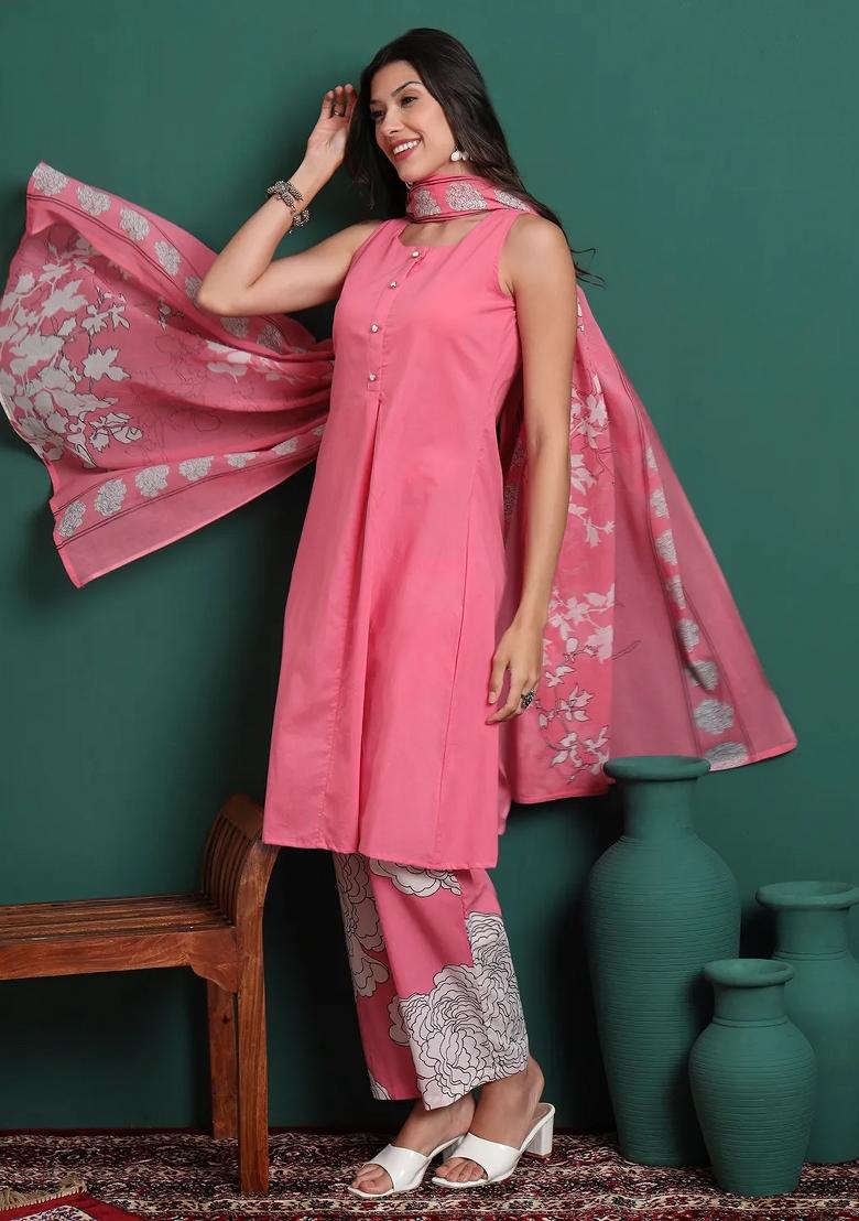 Pink Motif Cotton Kurta Dupatta Set - Indya