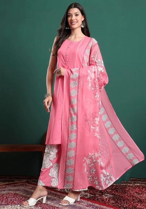 Pink Motif Cotton Kurta Dupatta Set