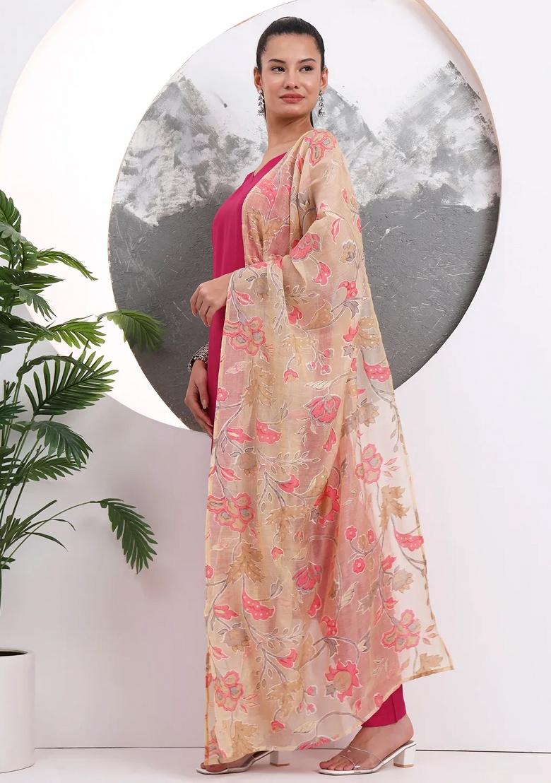 Pink Motif Silk Blend Kurta Dupatta Set - Indya