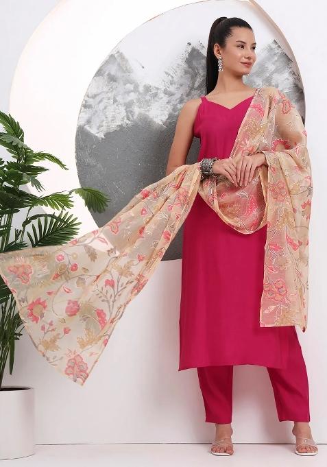 Pink Motif Silk Blend Kurta Dupatta Set