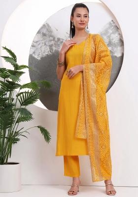 Yellow Motif Silk Blend Kurta Dupatta Set