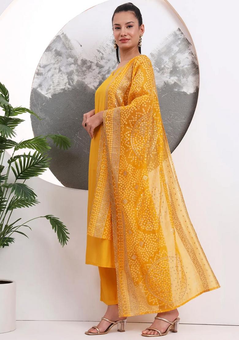 Yellow Motif Silk Blend Kurta Dupatta Set - Indya