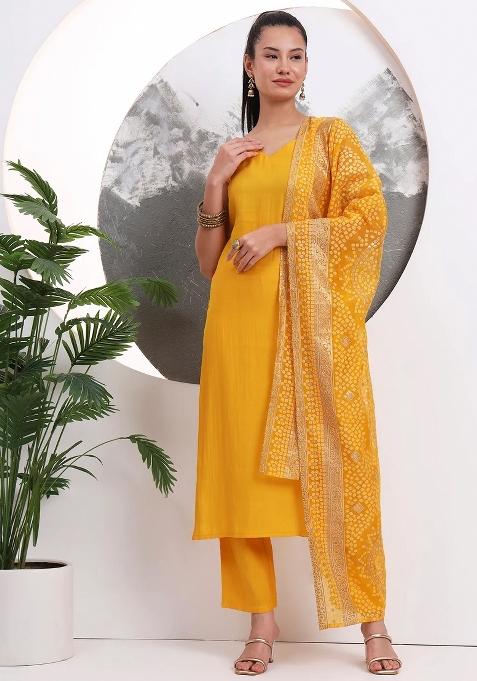 Yellow Motif Silk Blend Kurta Dupatta Set
