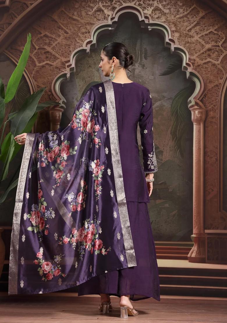 Purple Motif Chanderi Silk Kurta Dupatta Set - Indya