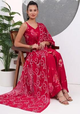 Red Floral Print Silk Blend Kurta Dupatta Set