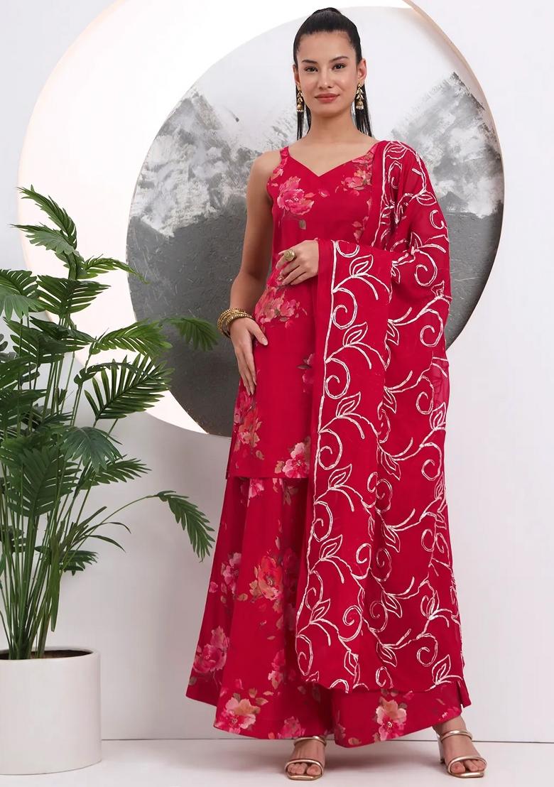 Red Floral Print Silk Blend Kurta Dupatta Set - Indya