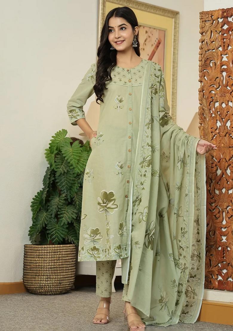 Green Printed Cotton Kurta Dupatta Set - Indya