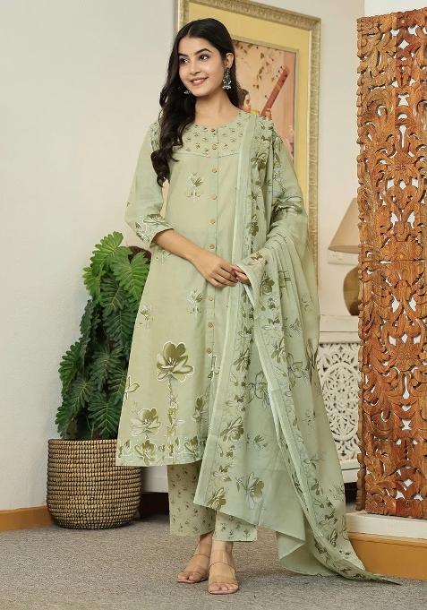 Green Printed Cotton Kurta Dupatta Set