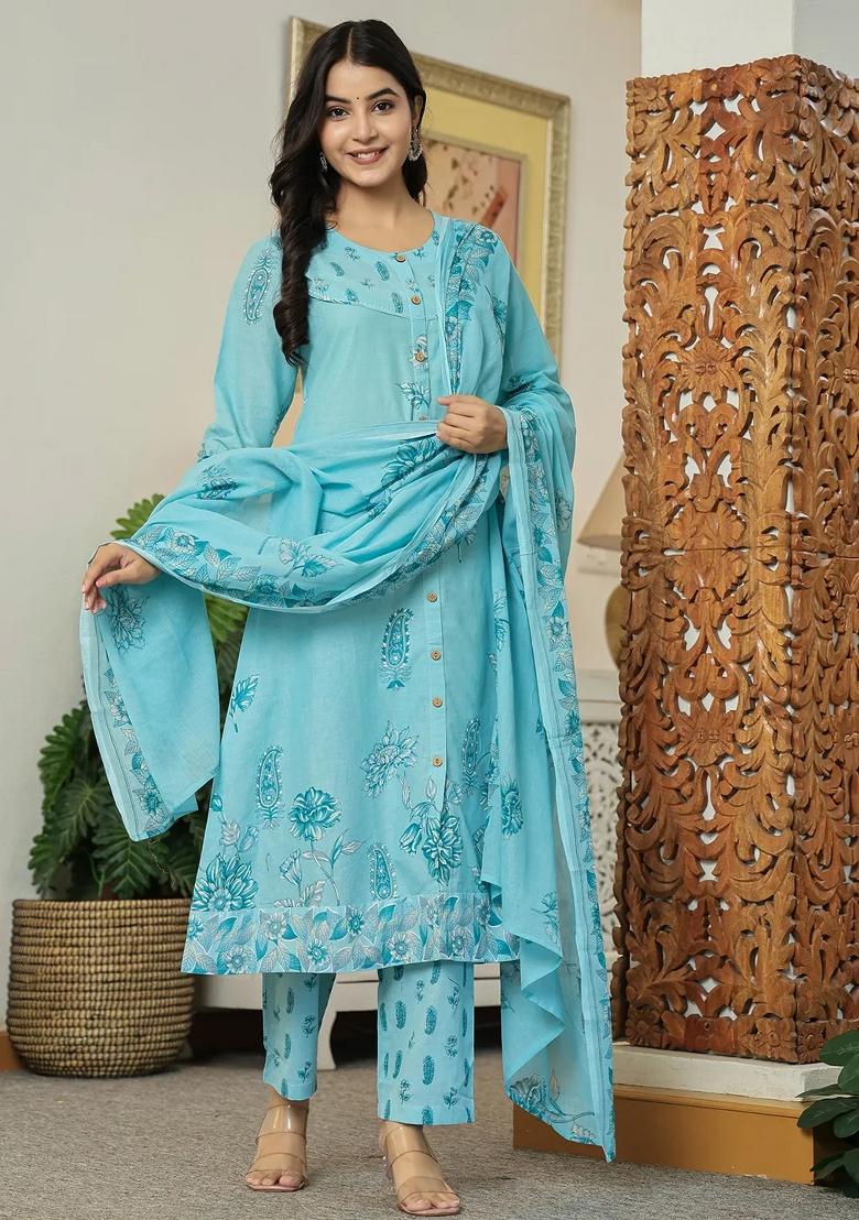 Sky Blue Printed Cotton Kurta Dupatta Set - Indya