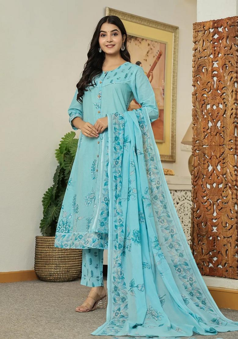 Sky Blue Printed Cotton Kurta Dupatta Set - Indya