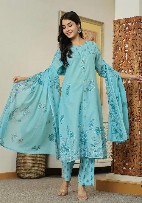 Sky Blue Printed Cotton Kurta Dupatta Set