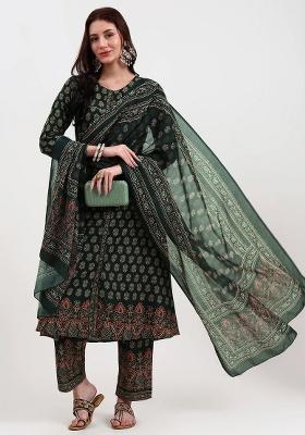 Green Motif Cotton Kurta Dupatta Set