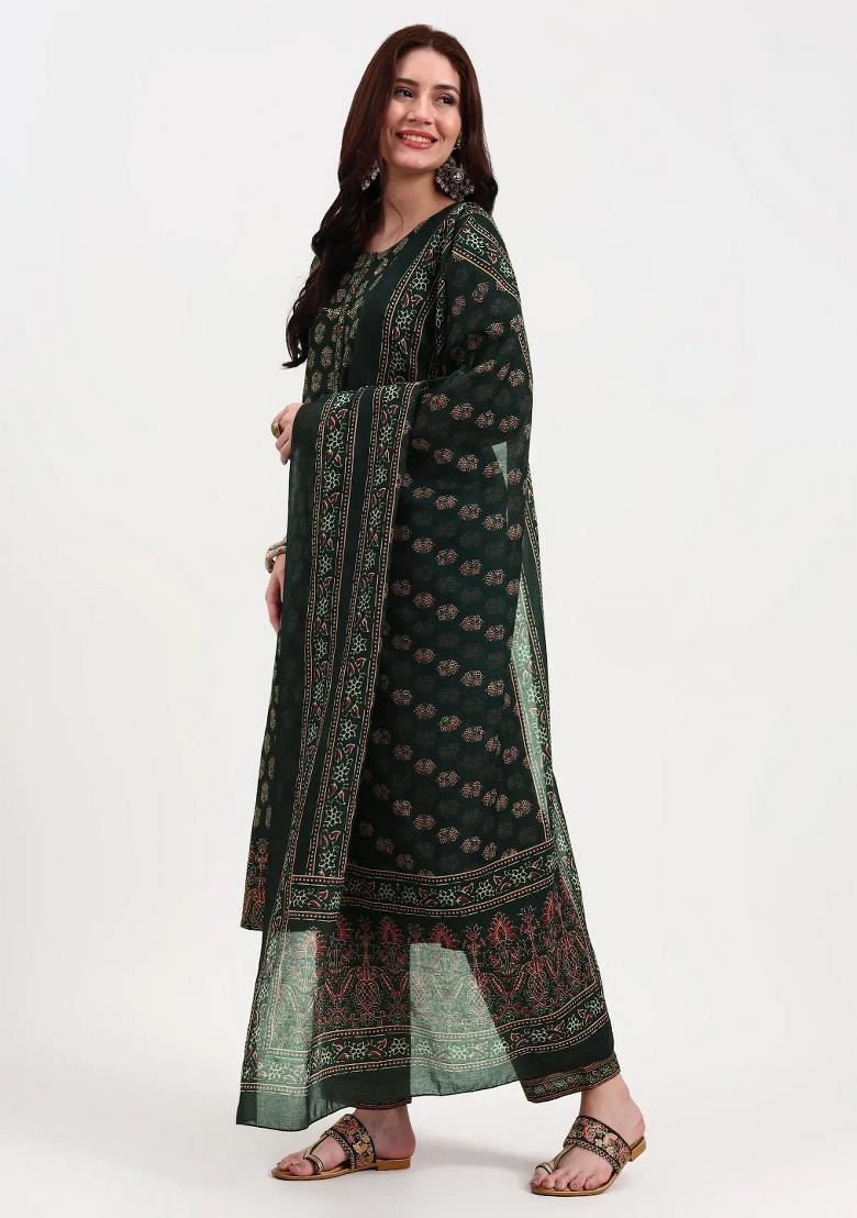 Green Motif Cotton Kurta Dupatta Set - Indya