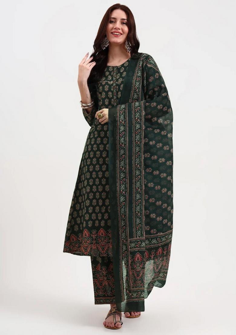 Green Motif Cotton Kurta Dupatta Set - Indya