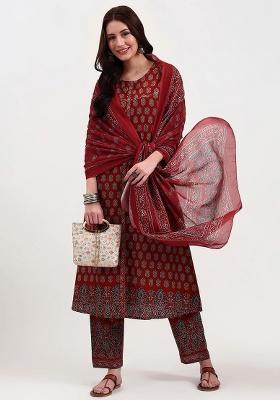 Rust Motif Cotton Kurta Dupatta Set