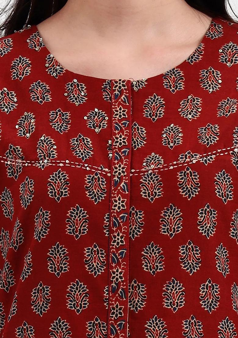 Rust Motif Cotton Kurta Dupatta Set - Indya