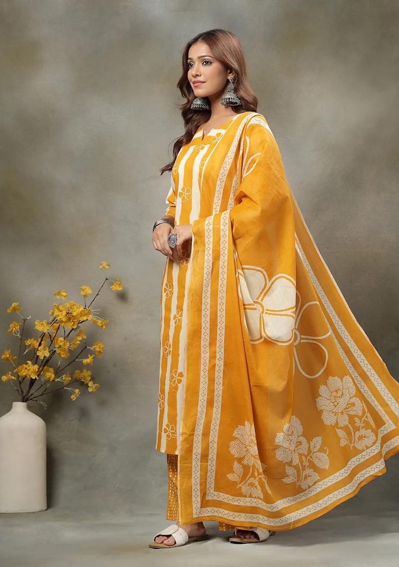 Mustard Printed Cotton Kurta Dupatta Set - Indya