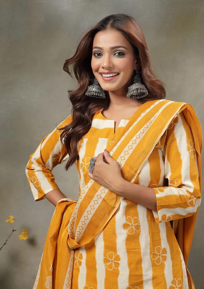 Mustard Printed Cotton Kurta Dupatta Set - Indya