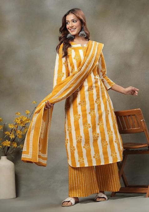 Mustard Printed Cotton Kurta Dupatta Set