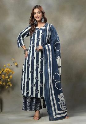Navy Blue Printed Cotton Kurta Dupatta Set