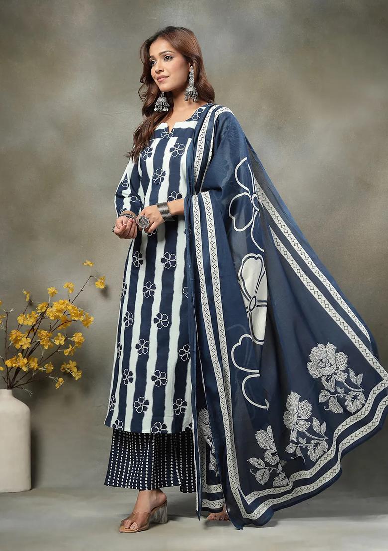 Navy Blue Printed Cotton Kurta Dupatta Set - Indya