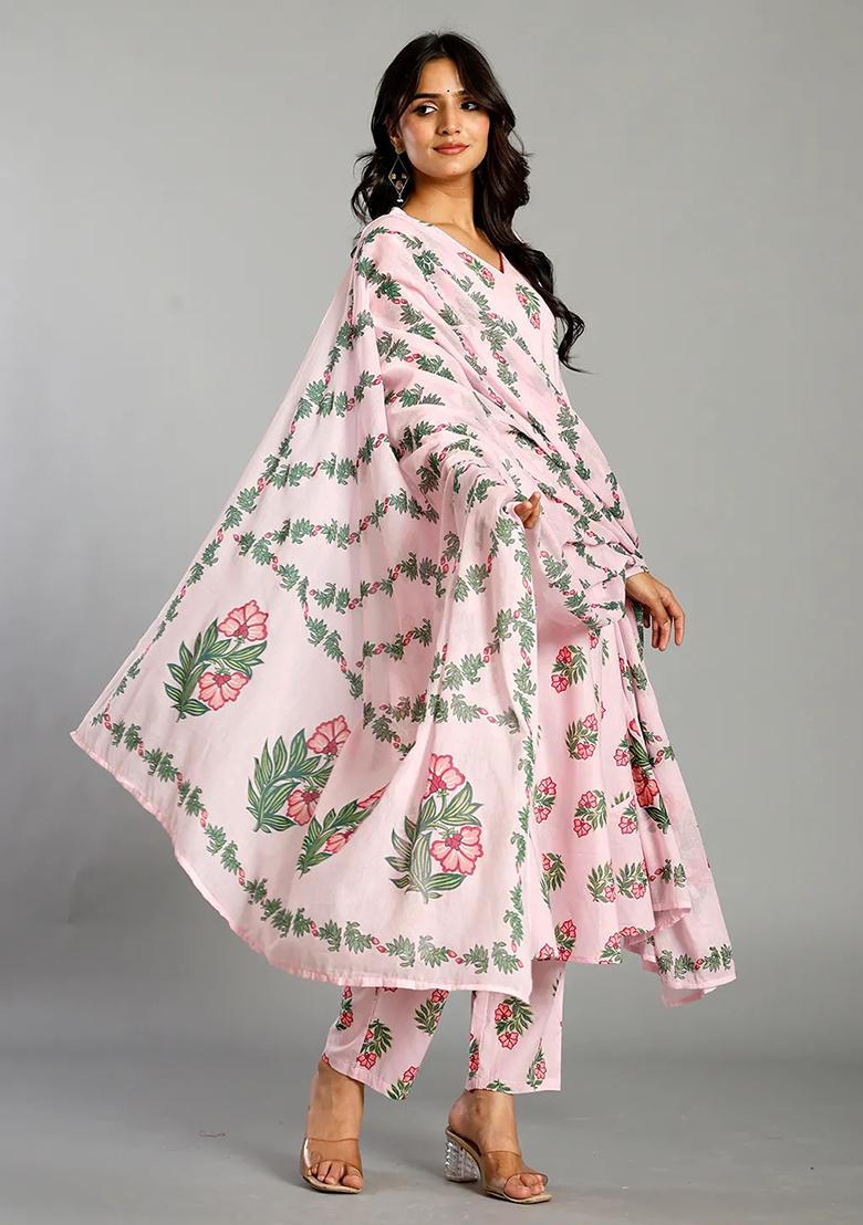 Pink Printed Cotton Kurta Dupatta Set - Indya