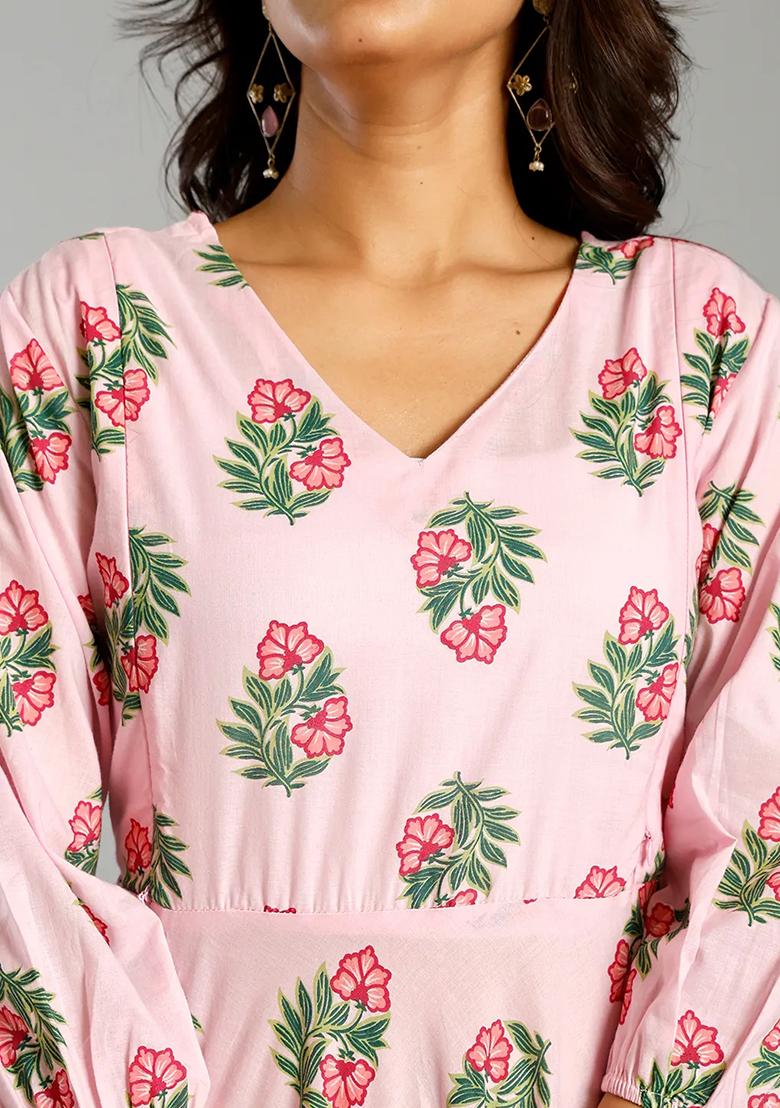 Pink Printed Cotton Kurta Dupatta Set - Indya