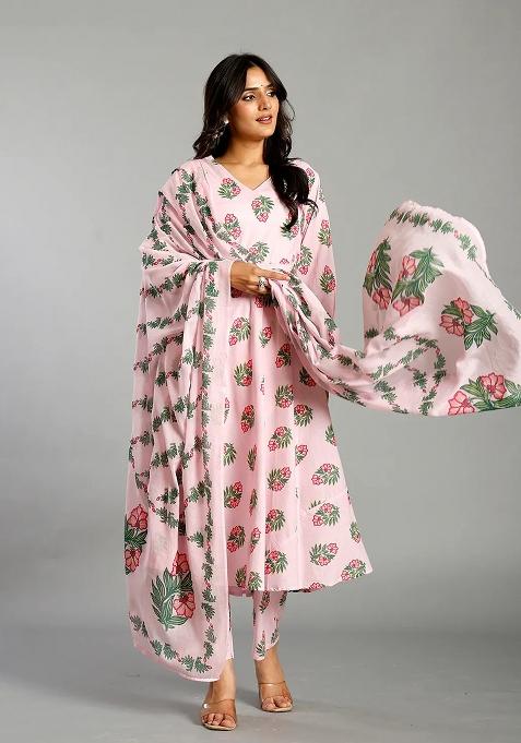 Pink Floral Print Cotton A Line Kurta Set
