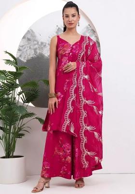 Hot Pink Motif Cotton Kurta Dupatta Set