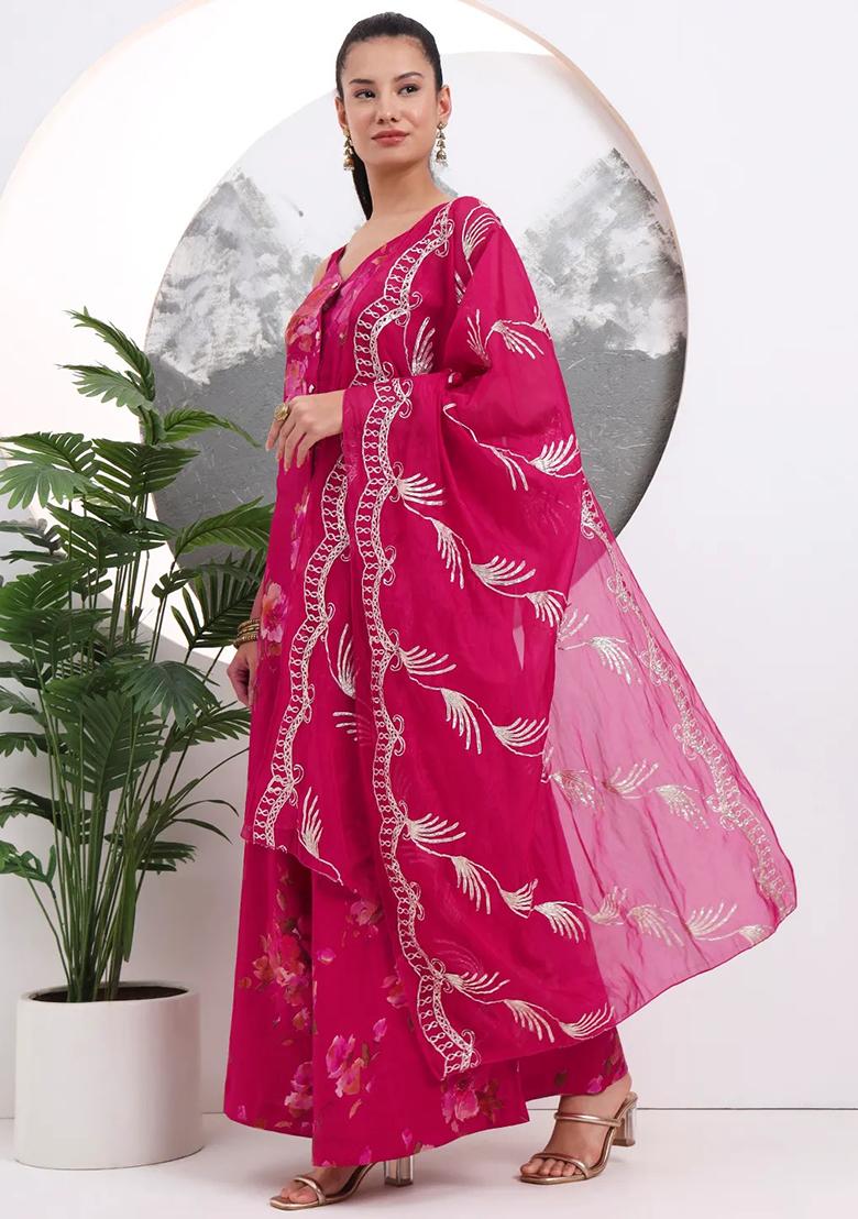 Hot Pink Motif Cotton Kurta Dupatta Set - Indya