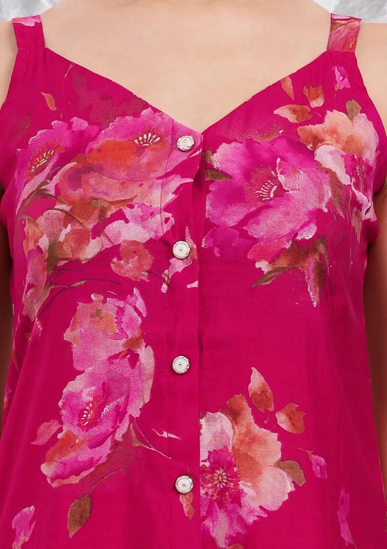 Hot Pink Motif Cotton Kurta Dupatta Set - Indya