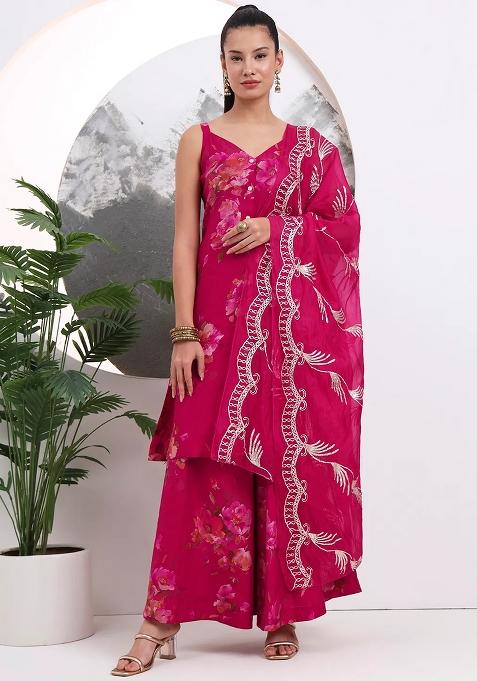 Hot Pink Motif Cotton Kurta Dupatta Set