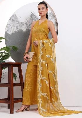 Mustard Motif Silk Blend Kurta Dupatta Set