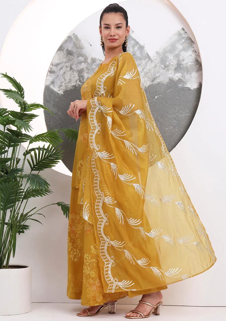 Mustard Motif Silk Blend Kurta Dupatta Set - Indya