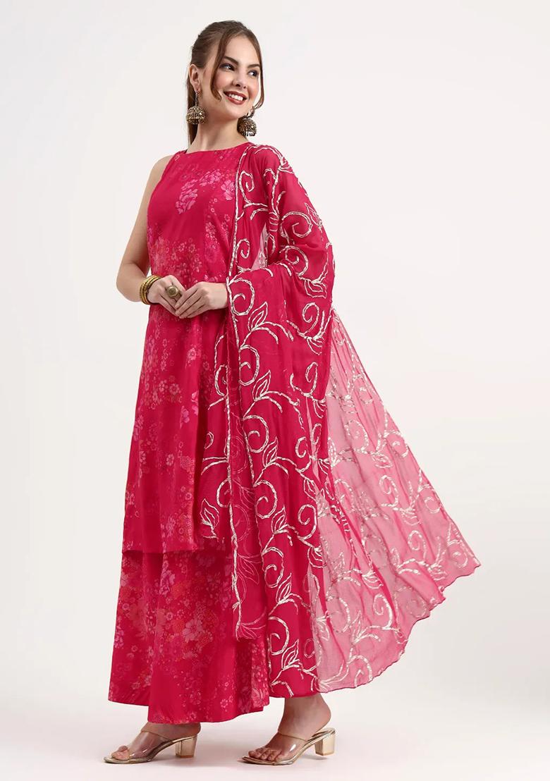 Pink Motif Silk Blend Kurta Dupatta Set - Indya