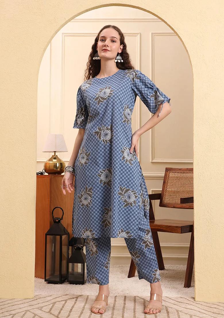 Blue Printed Cotton Kurta Set - Indya