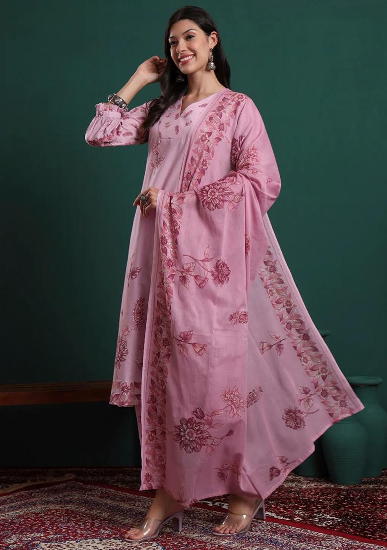 Pink Floral Print Cotton Kurta Dupatta Set - Indya