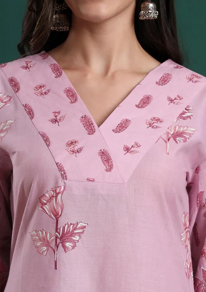 Pink Floral Print Cotton Kurta Dupatta Set - Indya