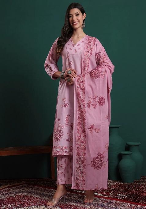 Pink Floral Print Cotton Kurta Dupatta Set