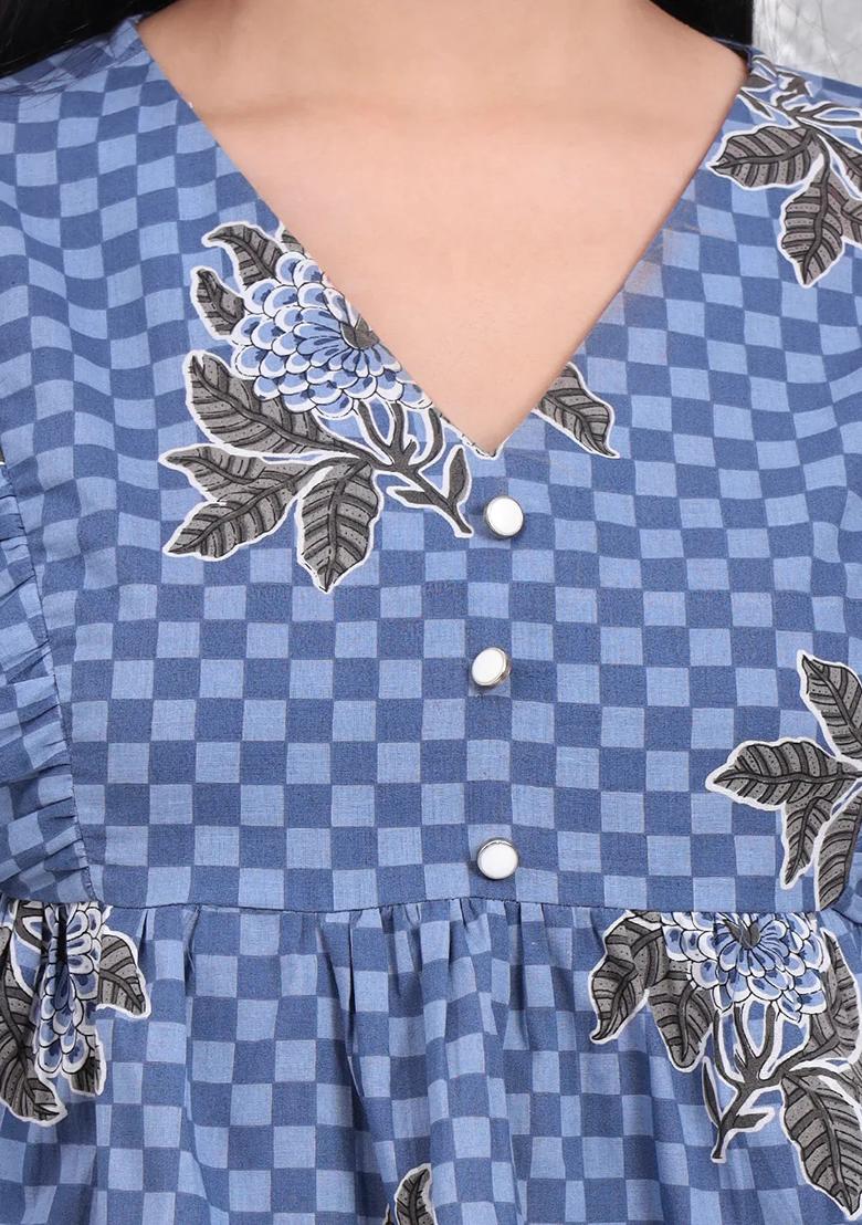 Blue Motif Cotton Kurta Set - Indya