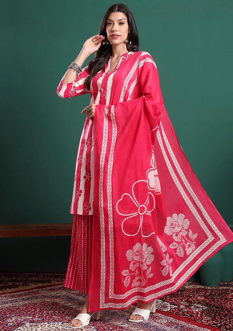 Sky Blue Motif Cotton Kurta Dupatta Set - Indya