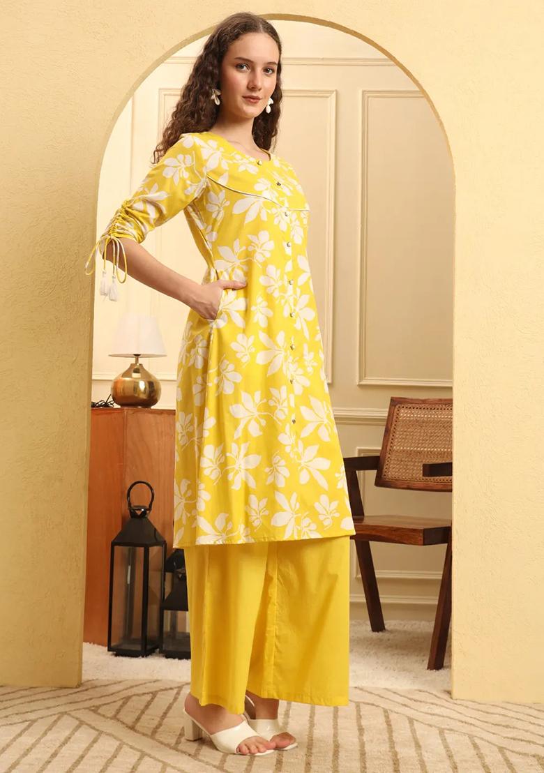 Yellow Motif Cotton Kurta Set - Indya