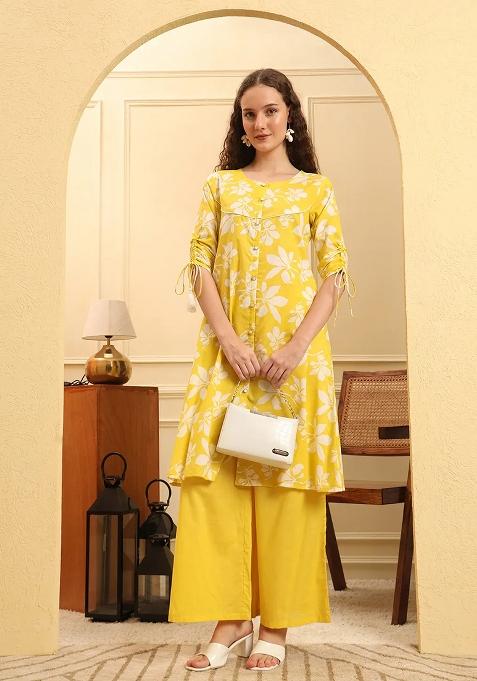 Yellow Motif Cotton Kurta Set