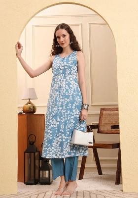 Blue Floral Print Cotton Straight Kurta Set